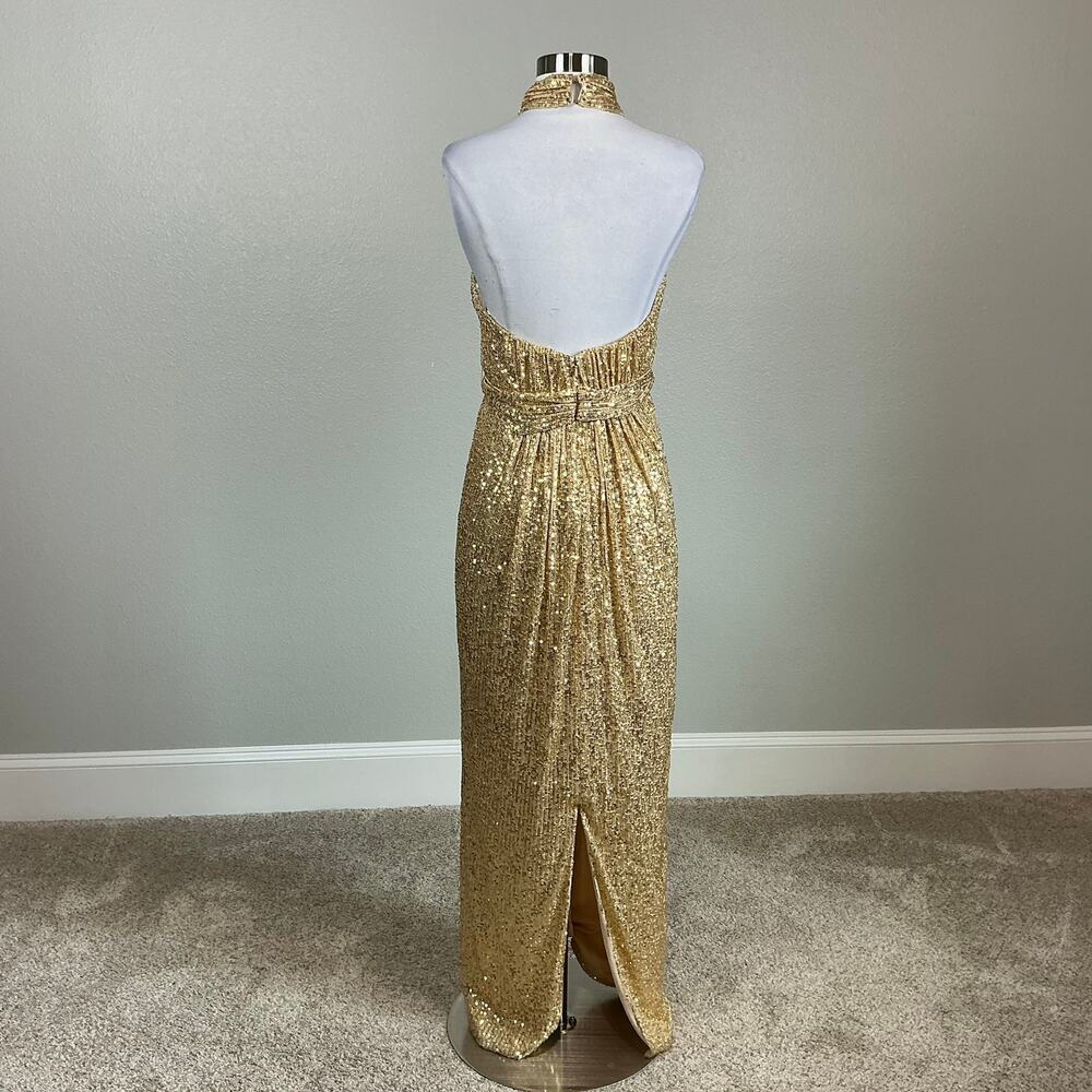 Mac Duggal 11281 Gold Sequined Evening Gown Halter Neck Column Dress Size 4 - Picture 3 of 12